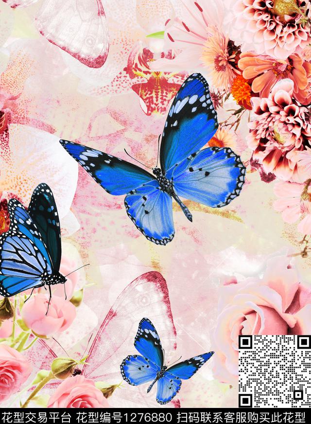 玫瑰花蝴蝶定位花数码印花华亿平台下载（图片编号: 1276880） - 瓦栏（Walan）