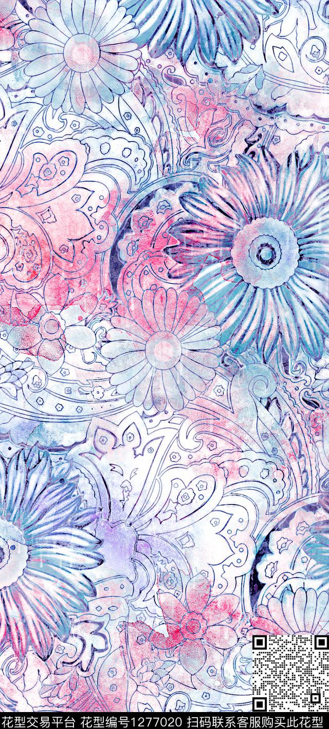 水彩花卉手绘数码印花华亿平台下载（图片编号: 1277020） - 瓦栏（Walan）