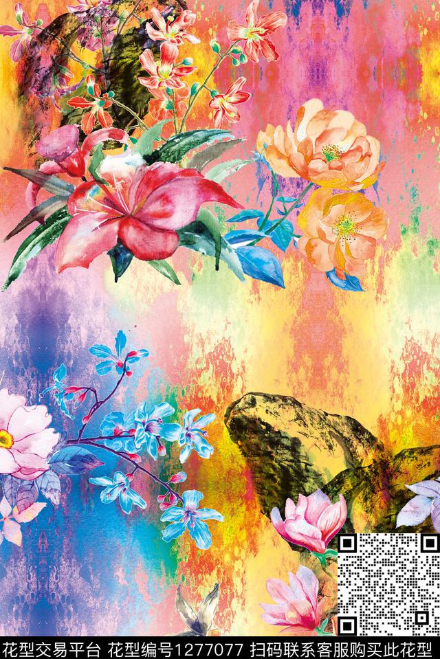 手绘花卉水彩花卉抽象底纹数码印花华亿平台下载（图片编号: 1277077） - 瓦栏（Walan）