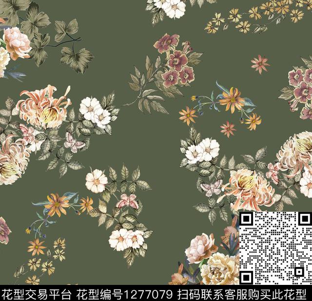花卉蝴蝶军绿底数码印花华亿平台下载（图片编号: 1277079） - 瓦栏（Walan）