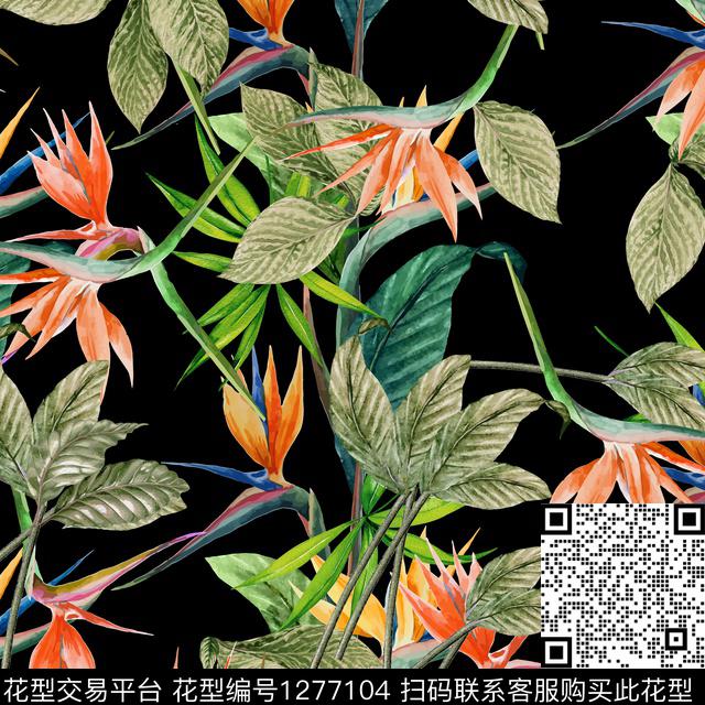 天堂花绿植树叶黑底花卉数码印花华亿平台下载（图片编号: 1277104） - 瓦栏（Walan）