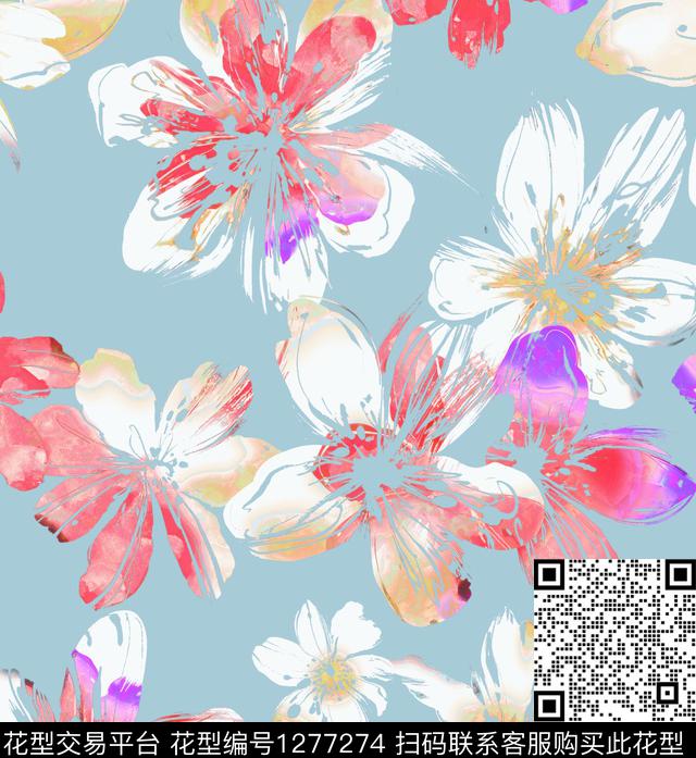 花卉手绘日系水墨数码印花华亿平台下载（图片编号: 1277274） - 瓦栏（Walan）