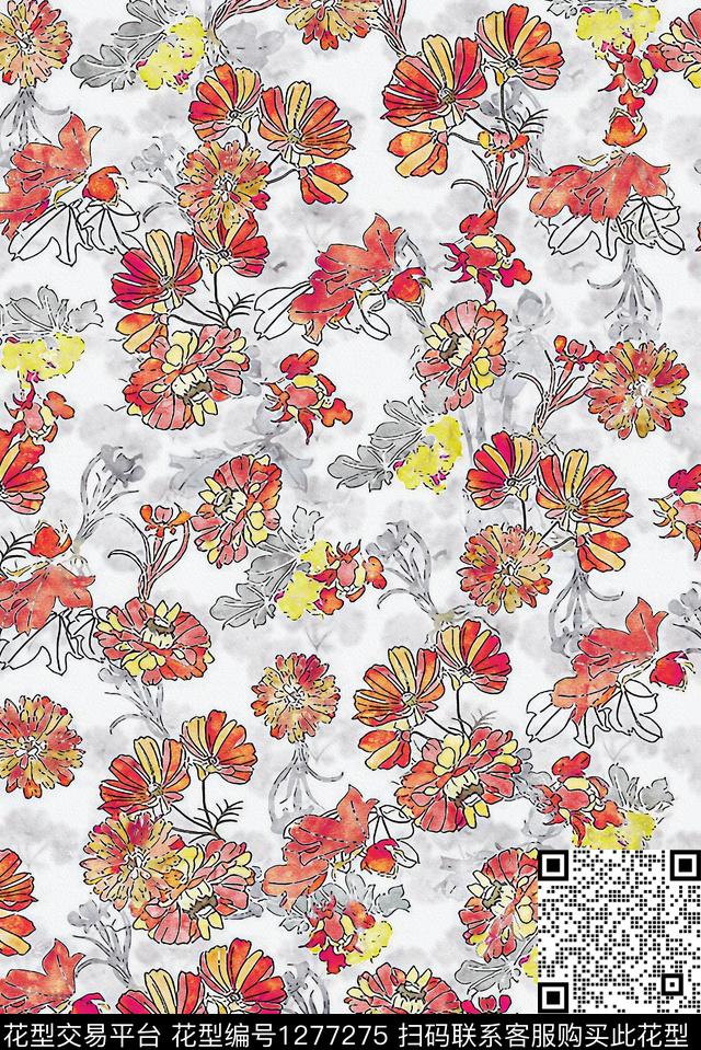 水彩花卉手绘数码印花华亿平台下载（图片编号: 1277275） - 瓦栏（Walan）