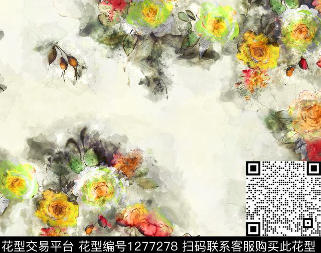 水彩花卉手绘数码印花华亿平台下载（图片编号: 1277278） - 瓦栏（Walan）