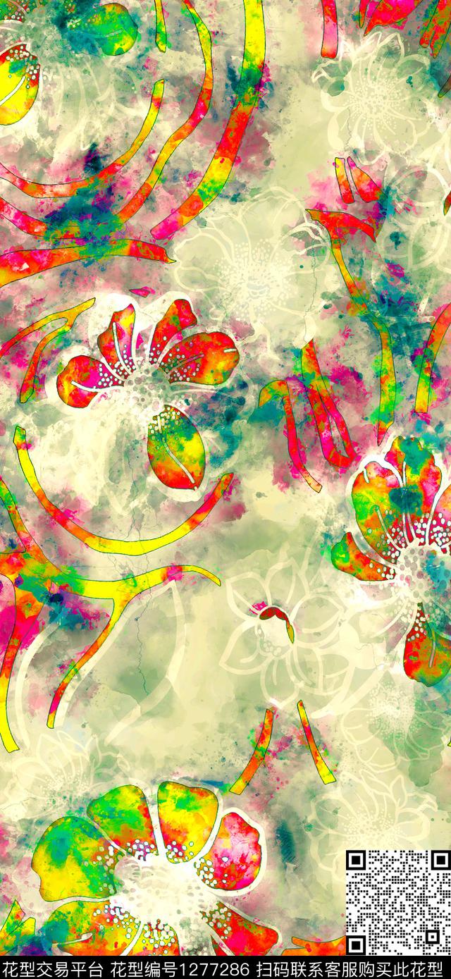 水彩花卉手绘数码印花华亿平台下载（图片编号: 1277286） - 瓦栏（Walan）