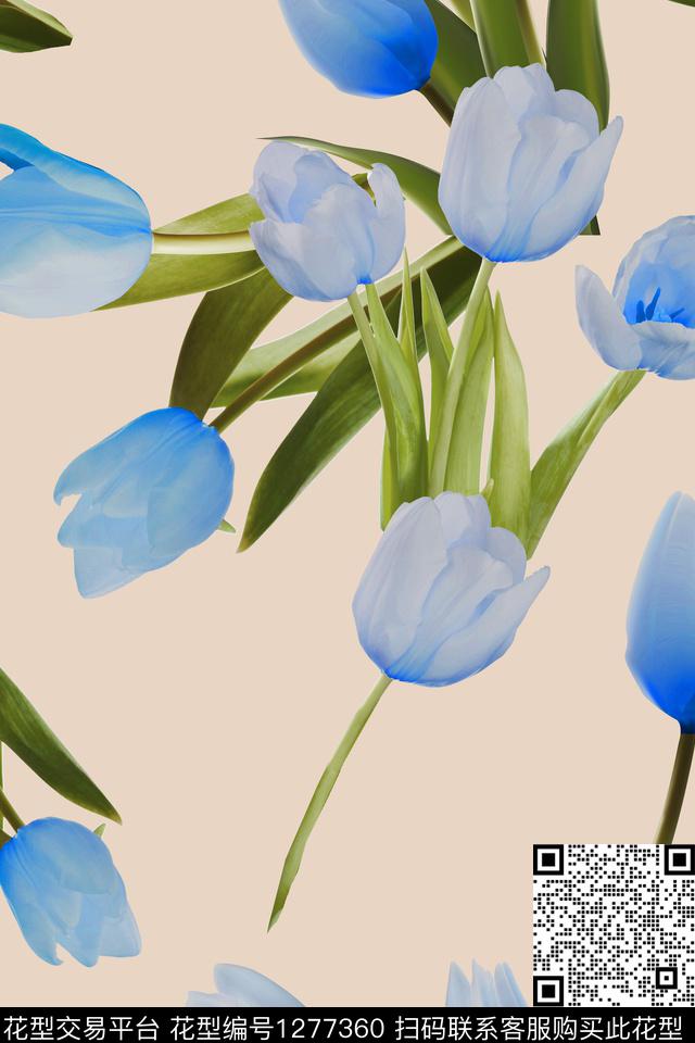 蓝色郁金香米色底数码印花华亿平台下载（图片编号: 1277360） - 瓦栏（Walan）