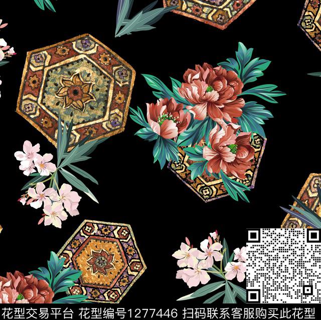 花卉六角形黑底花卉数码印花华亿平台下载（图片编号: 1277446） - 瓦栏（Walan）