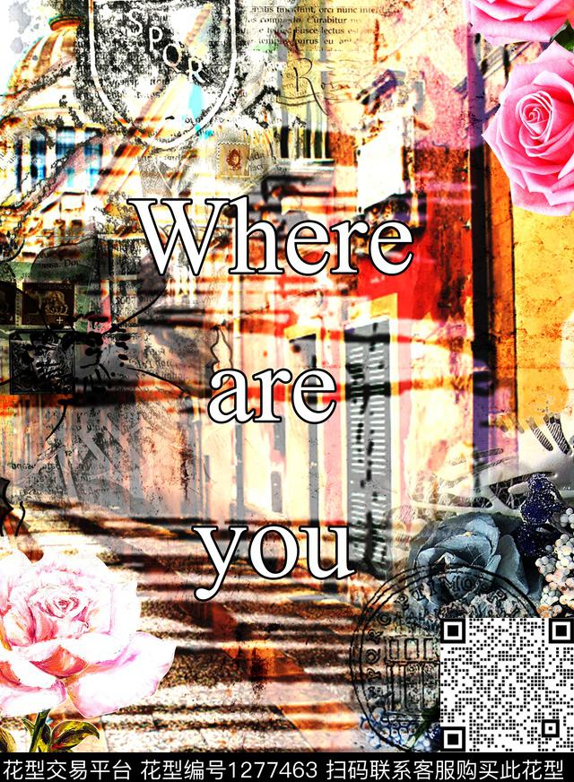 字母玫瑰花邮票数码印花华亿平台下载（图片编号: 1277463） - 瓦栏（Walan）