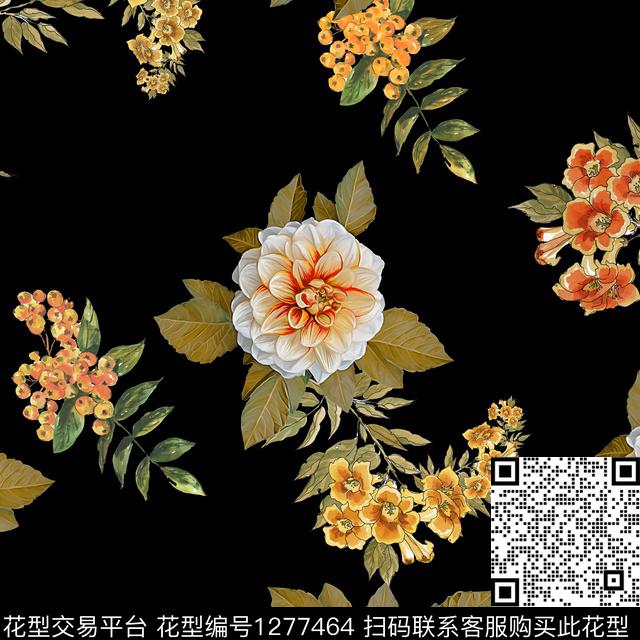 黑底花卉花卉绿植树叶数码印花华亿平台下载（图片编号: 1277464） - 瓦栏（Walan）