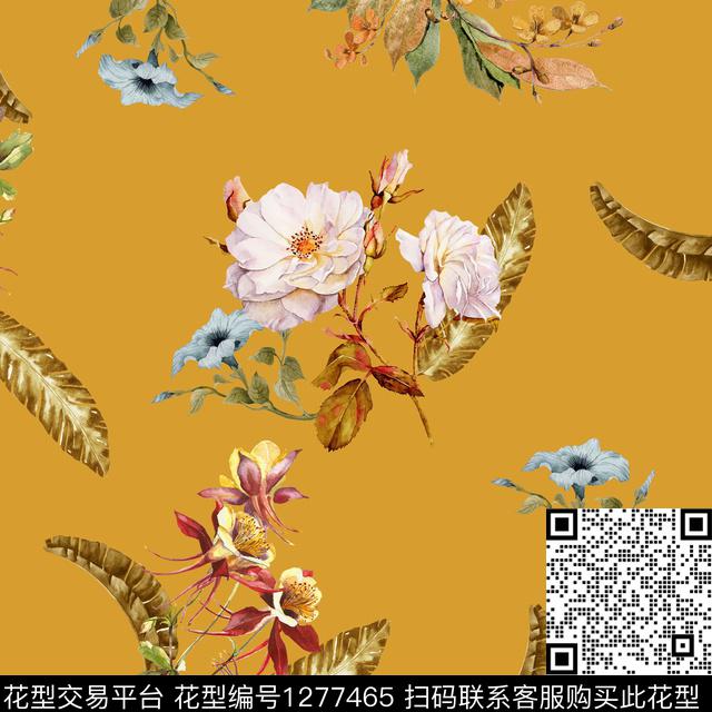 手绘花卉绿植树叶数码印花华亿平台下载（图片编号: 1277465） - 瓦栏（Walan）