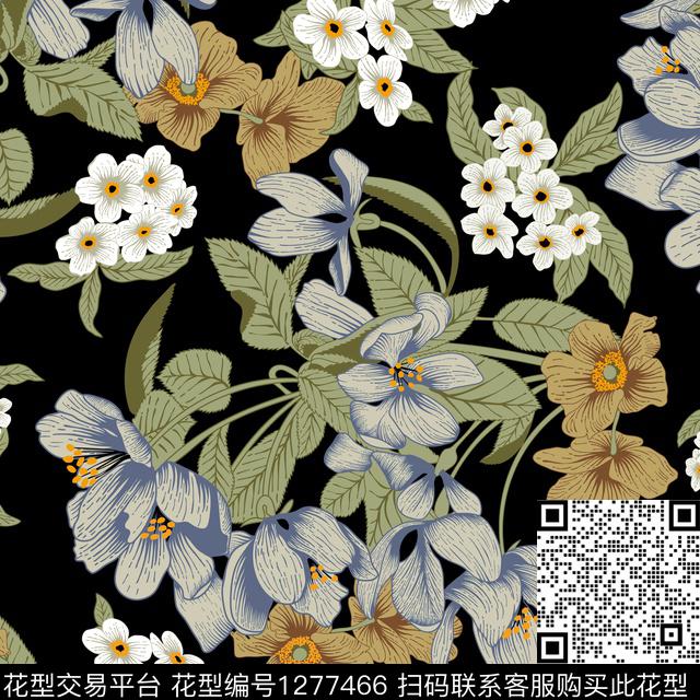 复古黑底花卉花卉传统印花华亿平台下载（图片编号: 1277466） - 瓦栏（Walan）