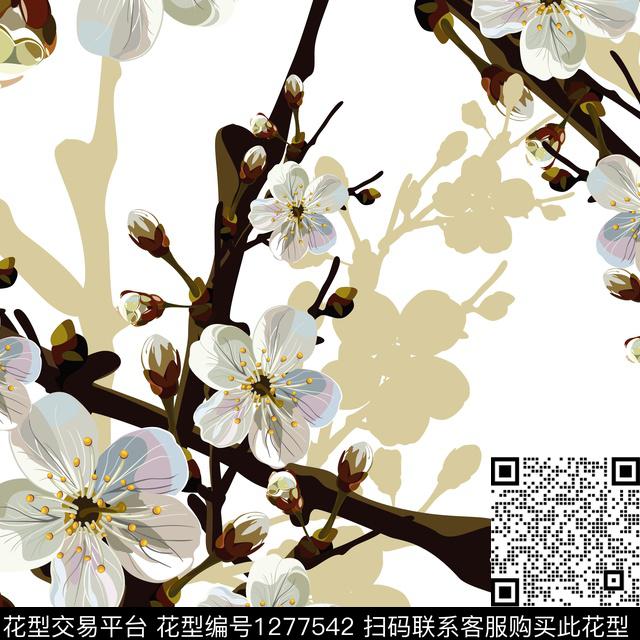 水彩梅花白底花数码印花华亿平台下载（图片编号: 1277542） - 瓦栏（Walan）