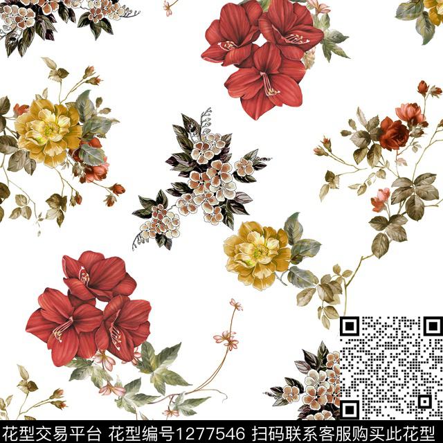 黄花白底花红花数码印花华亿平台下载（图片编号: 1277546） - 瓦栏（Walan）