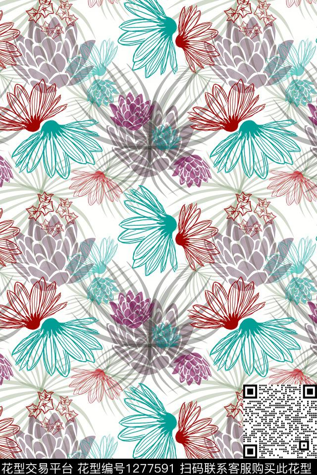 花卉夏日甜心手绘线条笔触传统印花华亿平台下载（图片编号: 1277591） - 瓦栏（Walan）