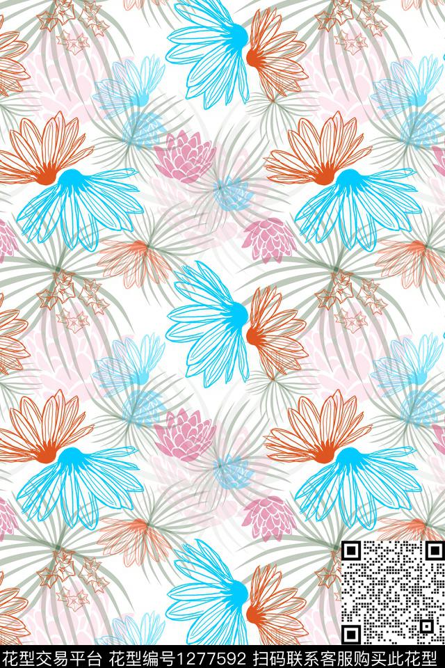 花卉夏日甜心手绘线条笔触传统印花华亿平台下载（图片编号: 1277592） - 瓦栏（Walan）