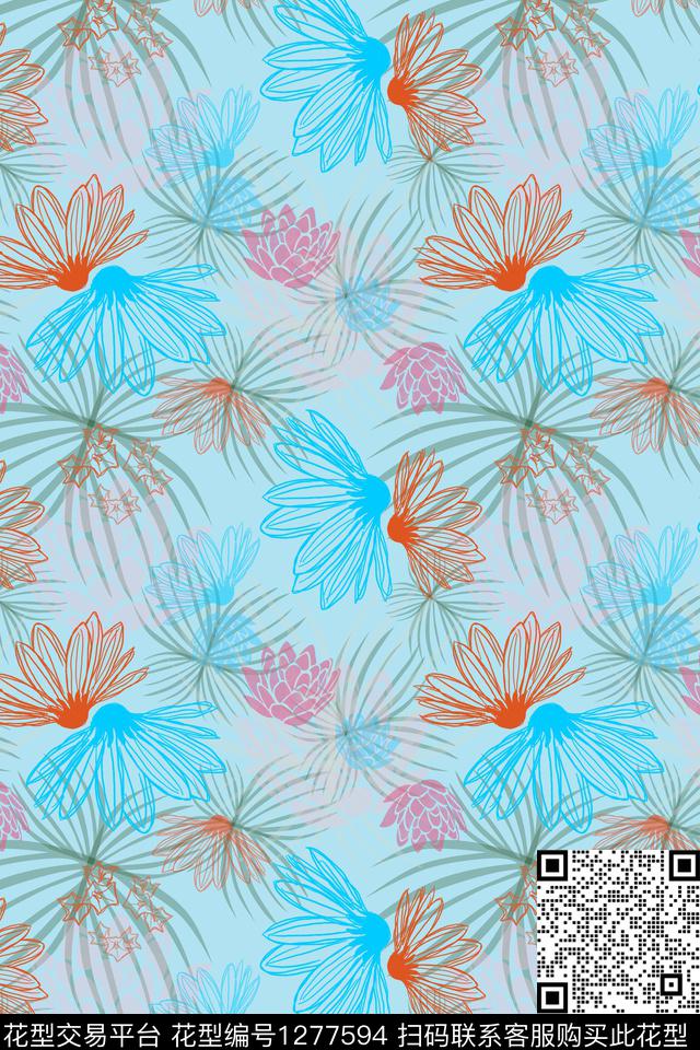 花卉夏日甜心手绘线条笔触传统印花华亿平台下载（图片编号: 1277594） - 瓦栏（Walan）