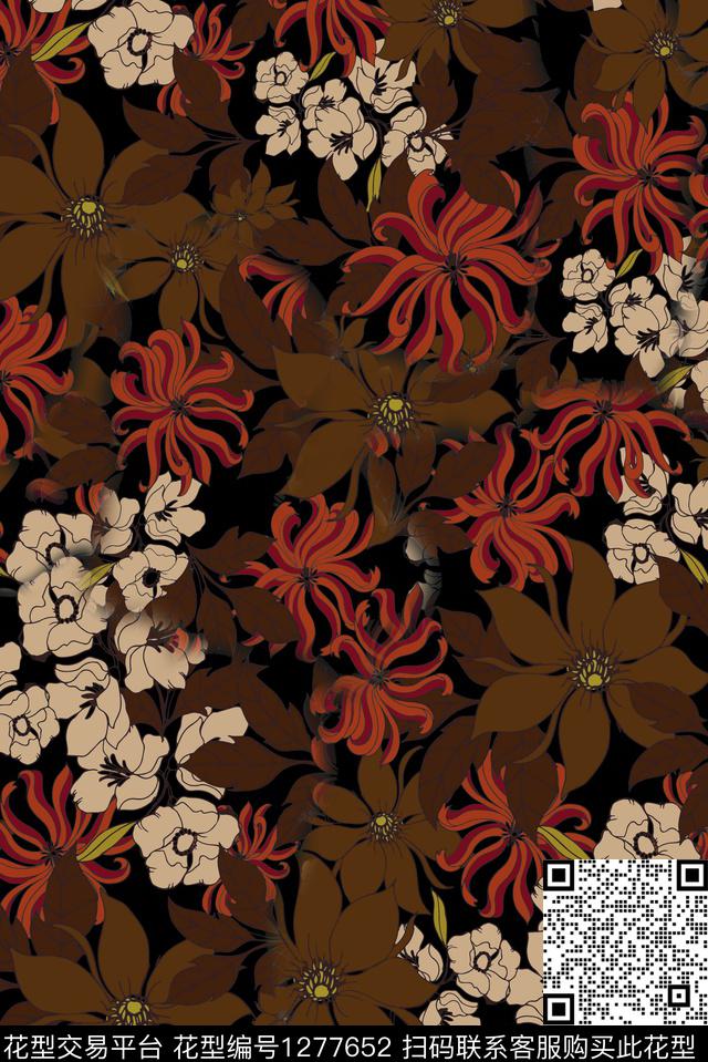 菊花复古褪色花卉数码印花华亿平台下载（图片编号: 1277652） - 瓦栏（Walan）