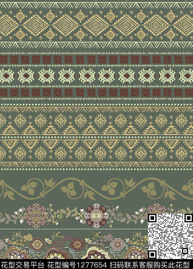 花边民族风军绿底传统印花华亿平台下载（图片编号: 1277654） - 瓦栏（Walan）