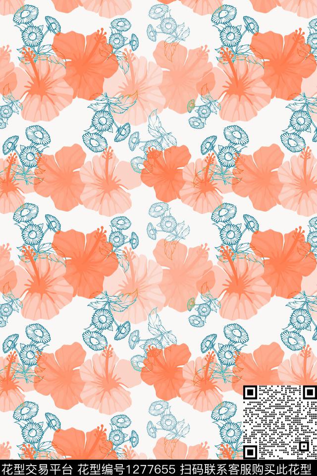 夏日甜心植物扶桑花数码印花华亿平台下载（图片编号: 1277655） - 瓦栏（Walan）