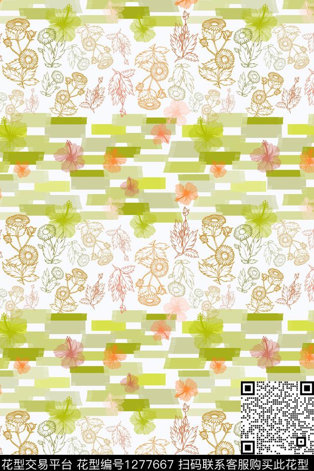 夏日甜心手绘线条笔触植物数码印花华亿平台下载（图片编号: 1277667） - 瓦栏（Walan）