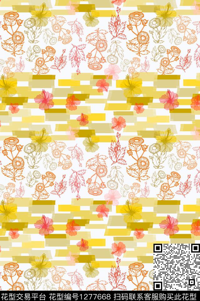 夏日甜心手绘线条笔触植物数码印花华亿平台下载（图片编号: 1277668） - 瓦栏（Walan）