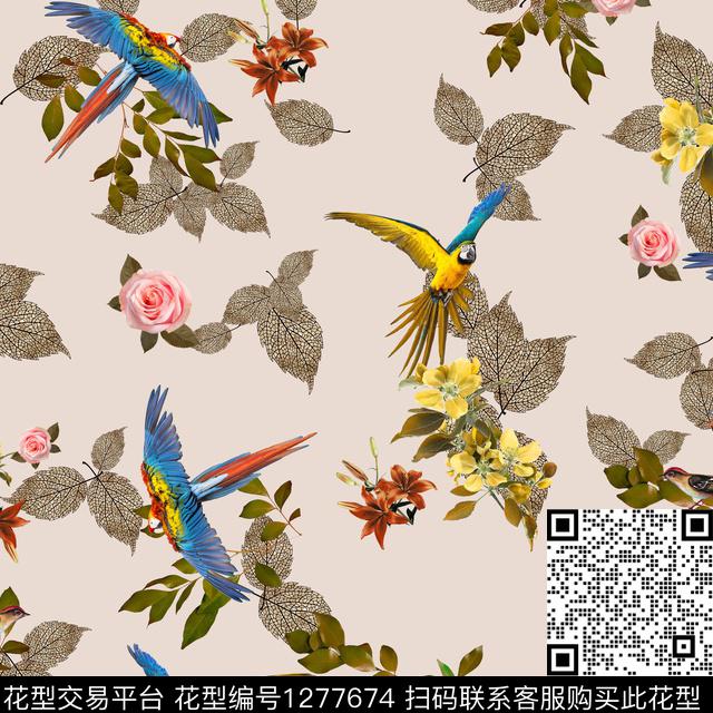 花卉鹦鹉叶脉数码印花华亿平台下载（图片编号: 1277674） - 瓦栏（Walan）