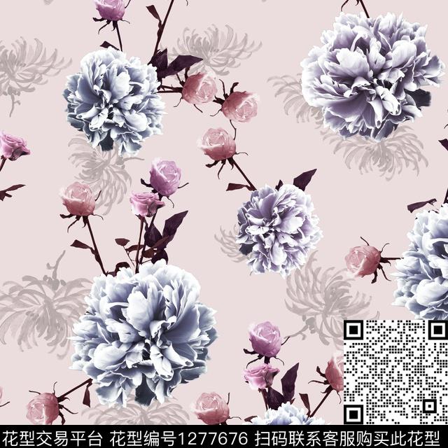 花卉手绘粉底数码印花华亿平台下载（图片编号: 1277676） - 瓦栏（Walan）