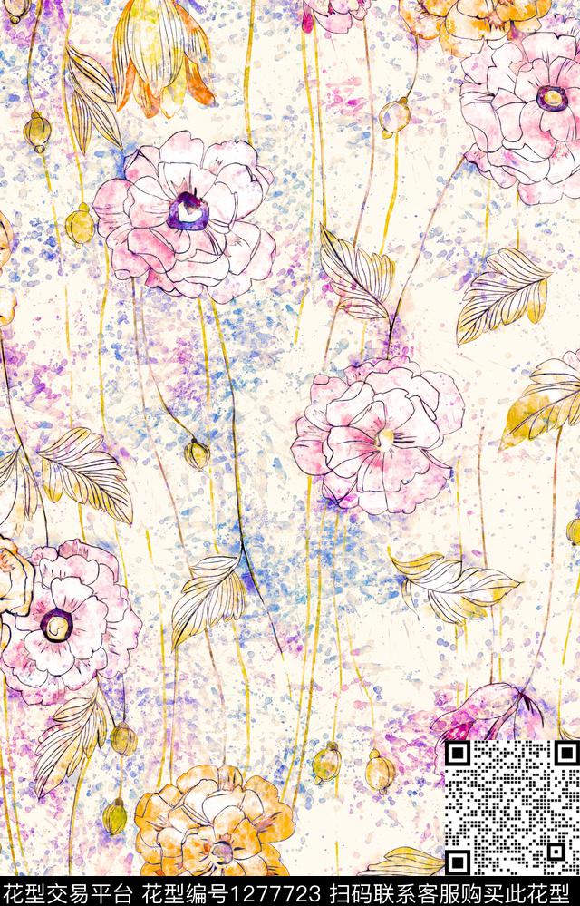 水彩花卉手绘数码印花华亿平台下载（图片编号: 1277723） - 瓦栏（Walan）