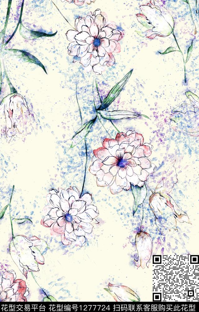水彩花卉手绘数码印花华亿平台下载（图片编号: 1277724） - 瓦栏（Walan）