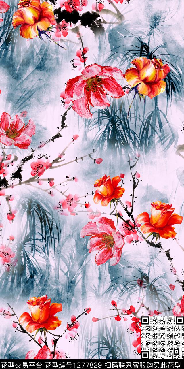 花卉中国风手绘花卉数码印花华亿平台下载（图片编号: 1277829） - 瓦栏（Walan）