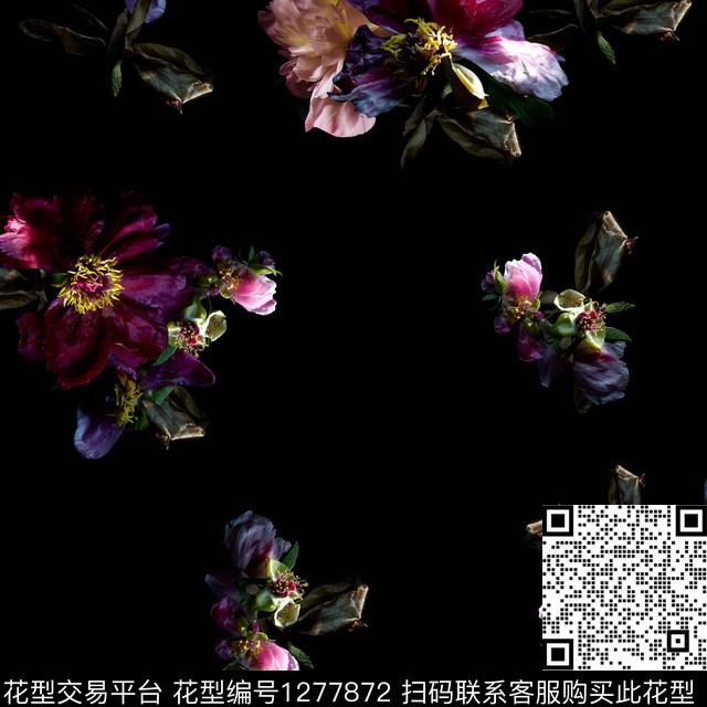 花卉黑底花卉满版散花数码印花华亿平台下载（图片编号: 1277872） - 瓦栏（Walan）