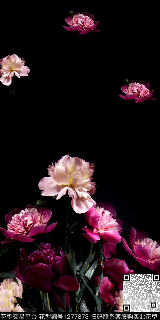 花卉二方连续黑底花卉数码印花华亿平台下载（图片编号: 1277873） - 瓦栏（Walan）