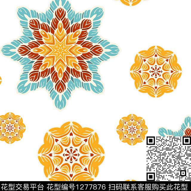 几何花卉手绘传统印花华亿平台下载（图片编号: 1277876） - 瓦栏（Walan）