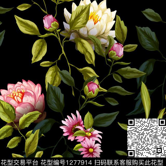 花卉绿植树叶黑底花卉数码印花华亿平台下载（图片编号: 1277914） - 瓦栏（Walan）