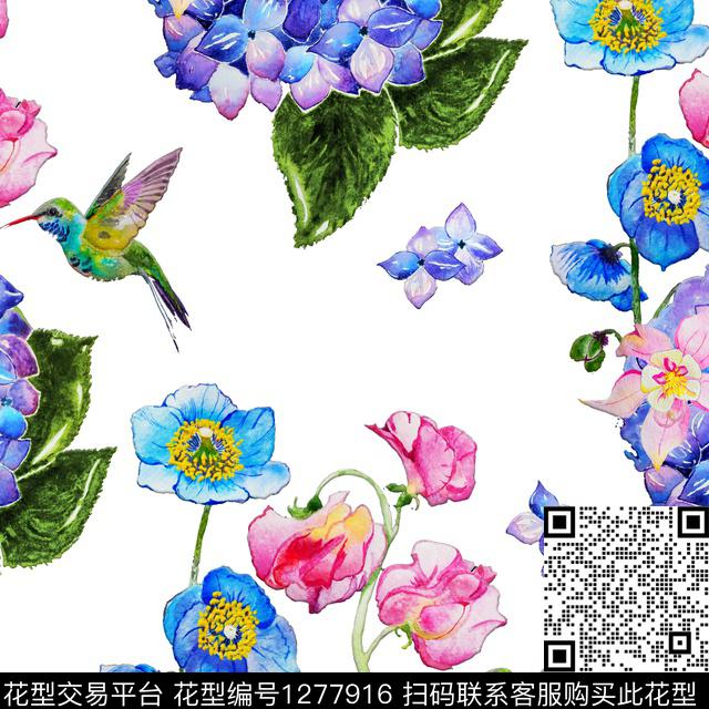 花鸟水彩白底花数码印花华亿平台下载（图片编号: 1277916） - 瓦栏（Walan）