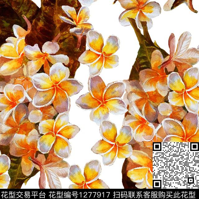水彩花卉白底花数码印花华亿平台下载（图片编号: 1277917） - 瓦栏（Walan）