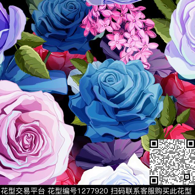 黑底花卉花卉手绘数码印花华亿平台下载（图片编号: 1277920） - 瓦栏（Walan）