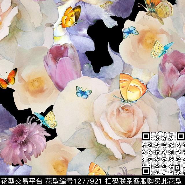 花卉手绘蝴蝶数码印花华亿平台下载（图片编号: 1277921） - 瓦栏（Walan）