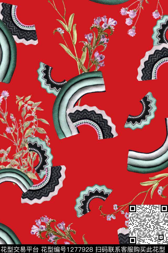 抽象花卉复古几何数码印花华亿平台下载（图片编号: 1277928） - 瓦栏（Walan）