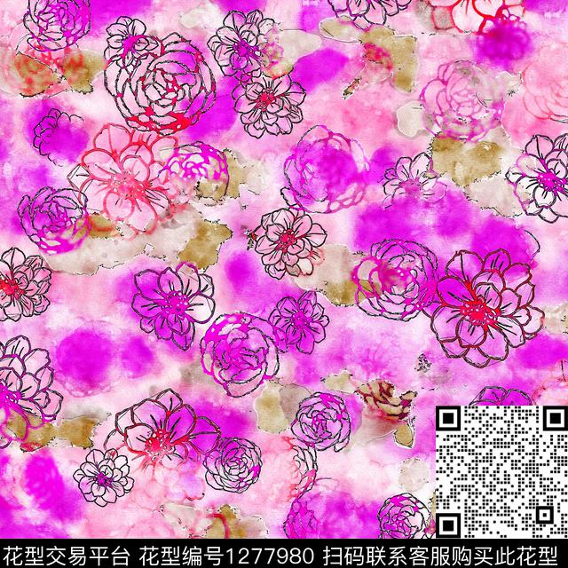 水彩花卉手绘数码印花华亿平台下载（图片编号: 1277980） - 瓦栏（Walan）