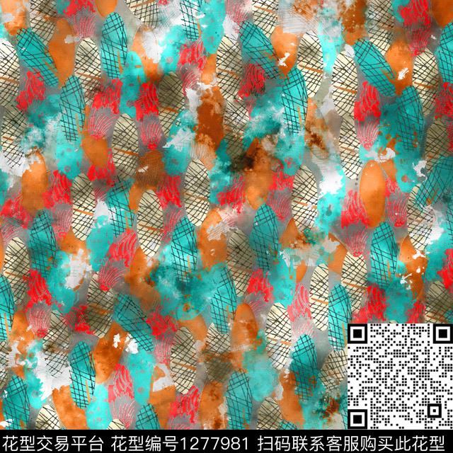 水彩手绘线条数码印花华亿平台下载（图片编号: 1277981） - 瓦栏（Walan）