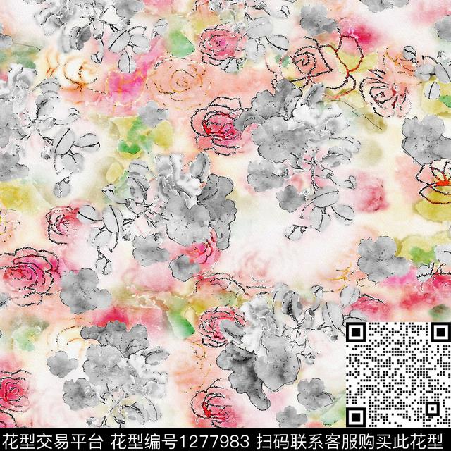 水彩花卉手绘数码印花华亿平台下载（图片编号: 1277983） - 瓦栏（Walan）
