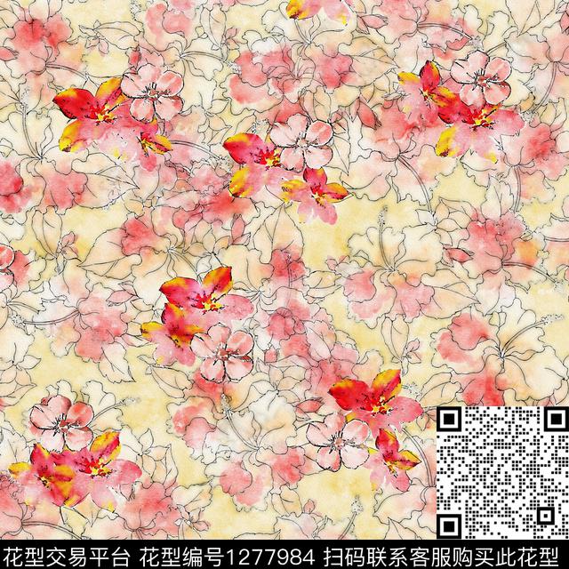 水彩花卉手绘数码印花华亿平台下载（图片编号: 1277984） - 瓦栏（Walan）