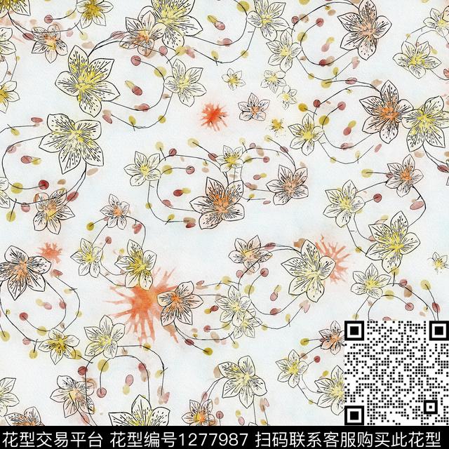水彩花卉手绘数码印花华亿平台下载（图片编号: 1277987） - 瓦栏（Walan）