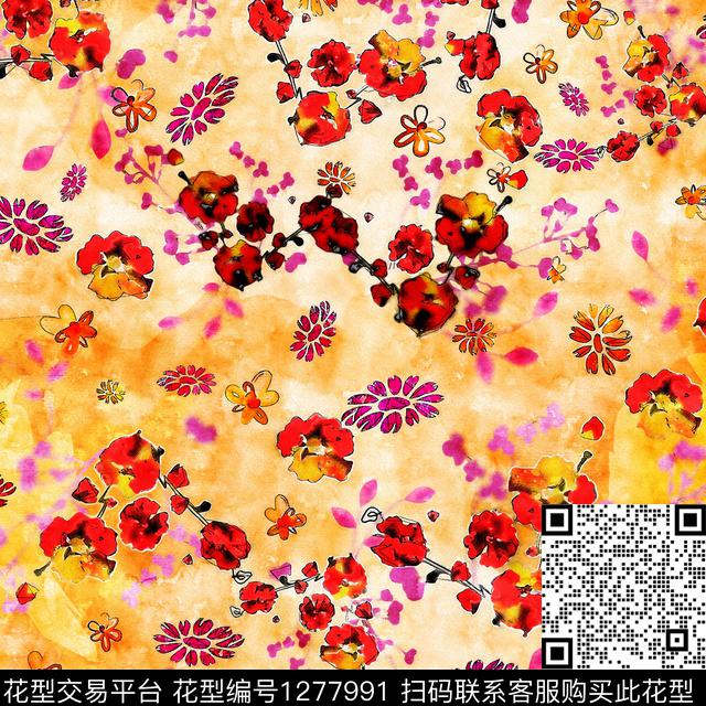 水彩花卉手绘数码印花华亿平台下载（图片编号: 1277991） - 瓦栏（Walan）