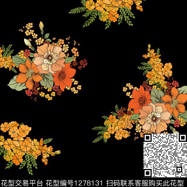 复古黑底花卉花卉传统印花华亿平台下载（图片编号: 1278131） - 瓦栏（Walan）