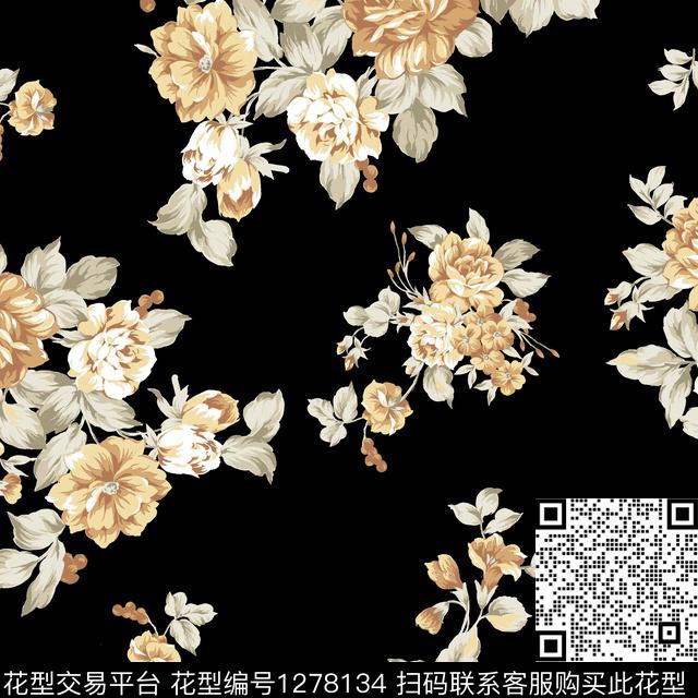 复古黑底花卉花卉传统印花华亿平台下载（图片编号: 1278134） - 瓦栏（Walan）