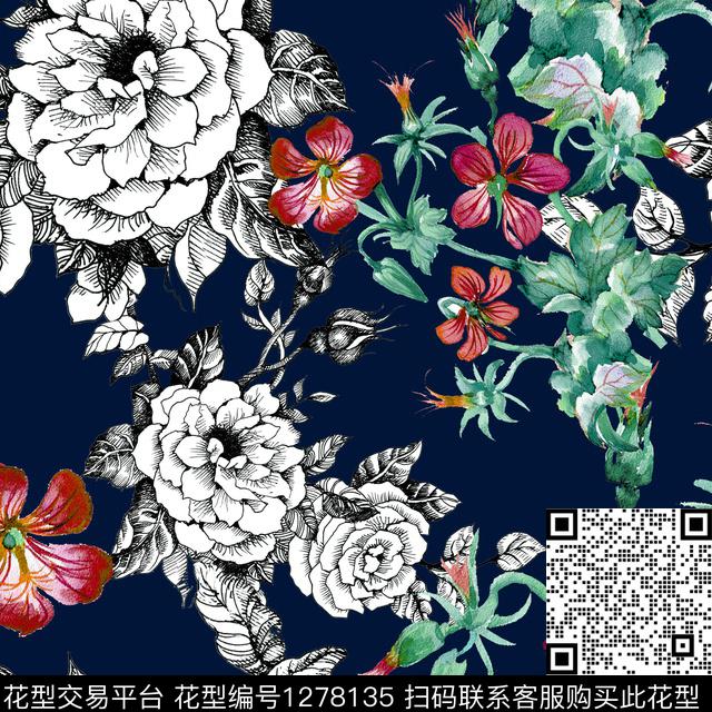 花卉手绘老蓝底数码印花华亿平台下载（图片编号: 1278135） - 瓦栏（Walan）