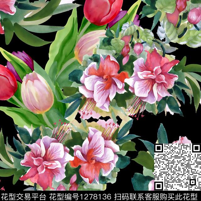 水彩花卉郁金香数码印花华亿平台下载（图片编号: 1278136） - 瓦栏（Walan）