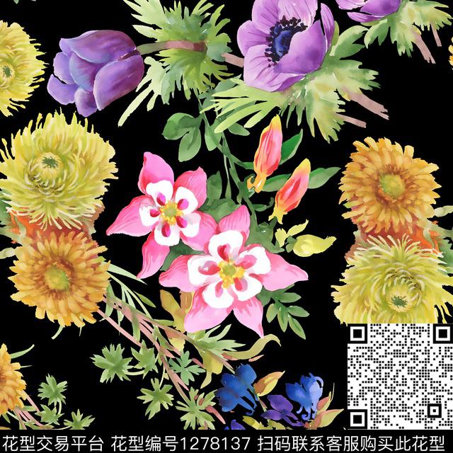 水彩花卉黑底花卉数码印花华亿平台下载（图片编号: 1278137） - 瓦栏（Walan）
